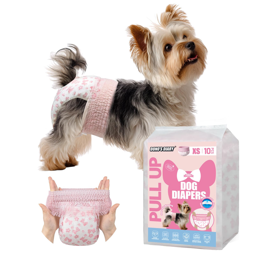 Dono disposable pull-up female dog diapers with 360° waistband for quick, comfy fit.