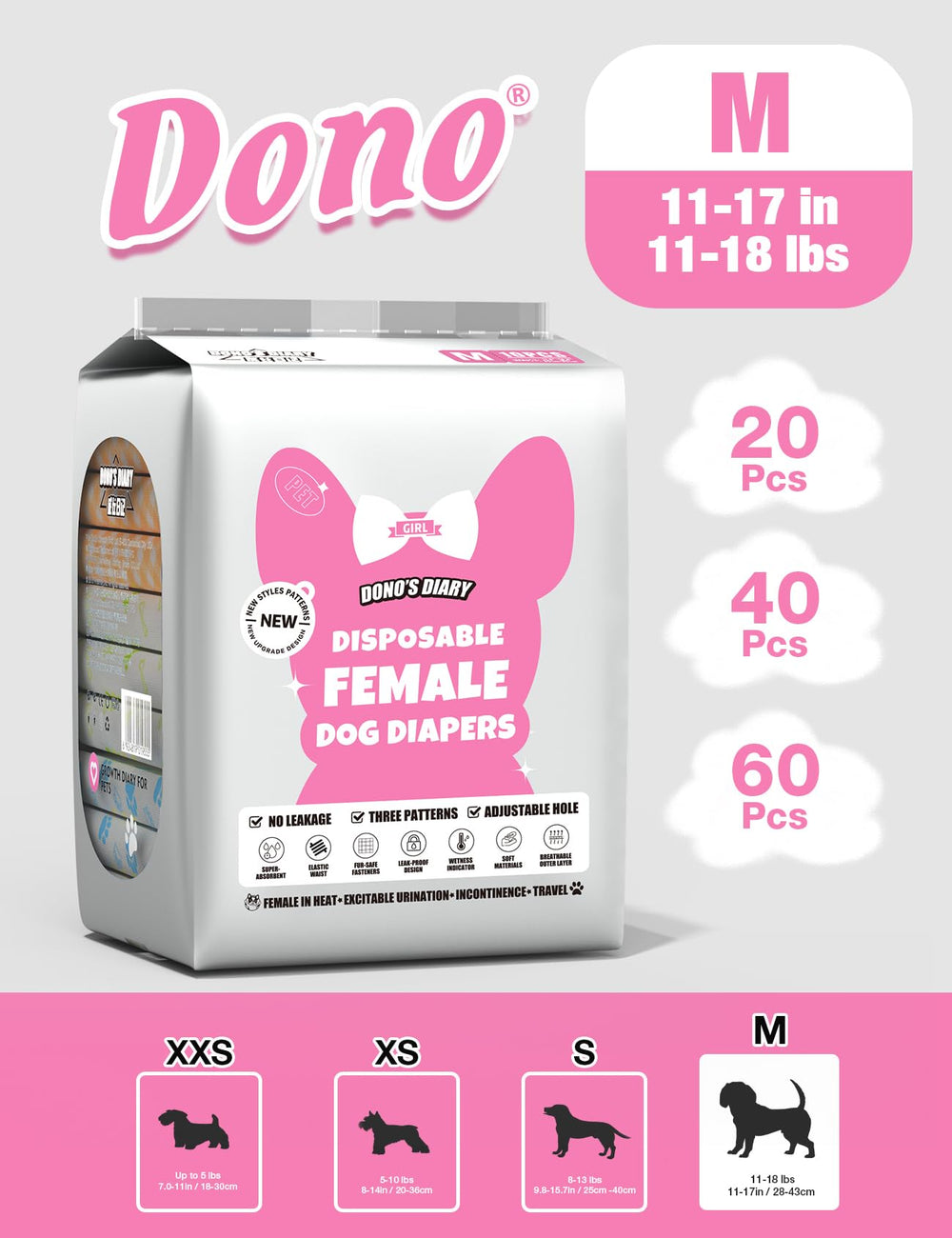 Dono dog diapers adjustable fasteners for a secure fit