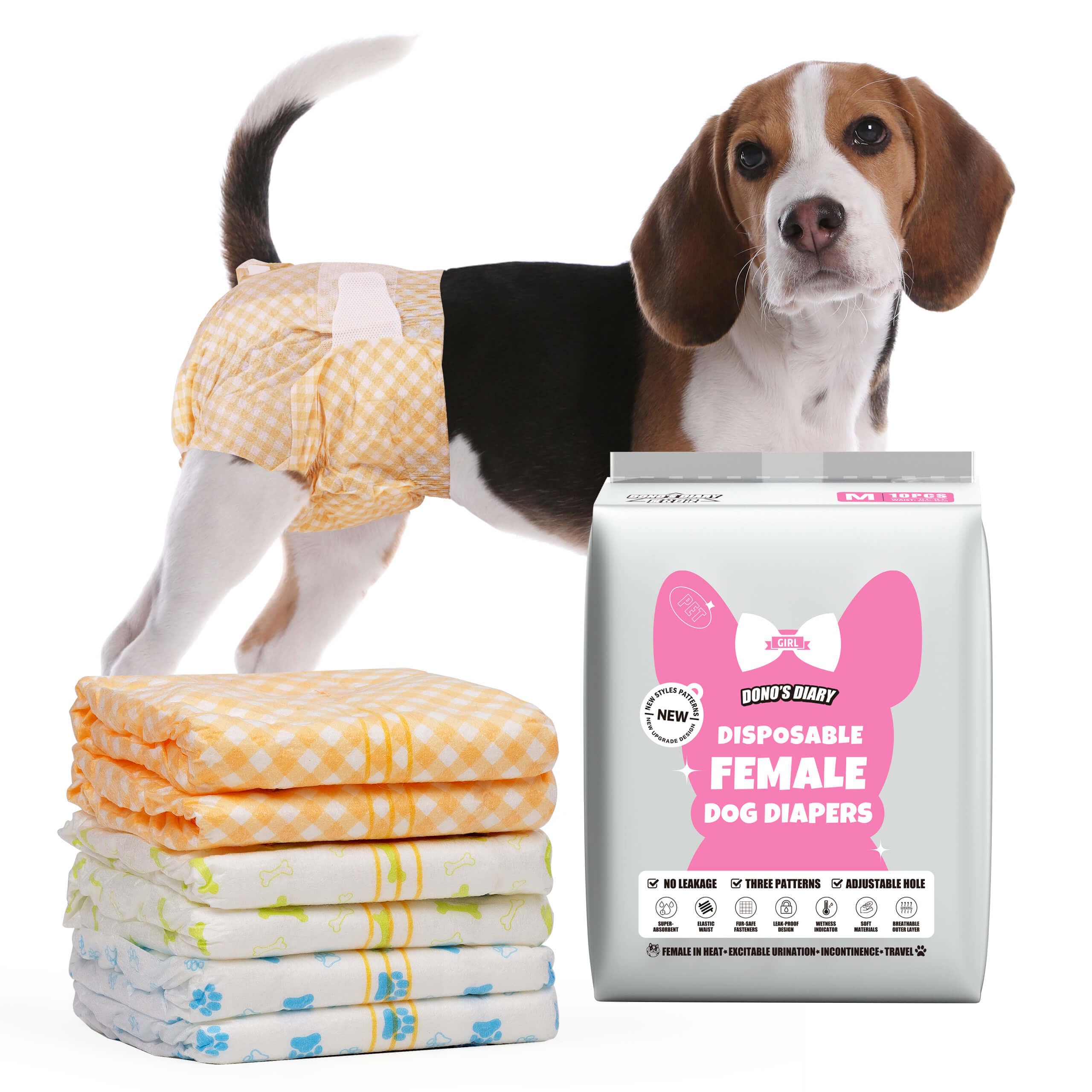 Dono dog diapers with wetness indicator close-up showing color change for heat monitoring