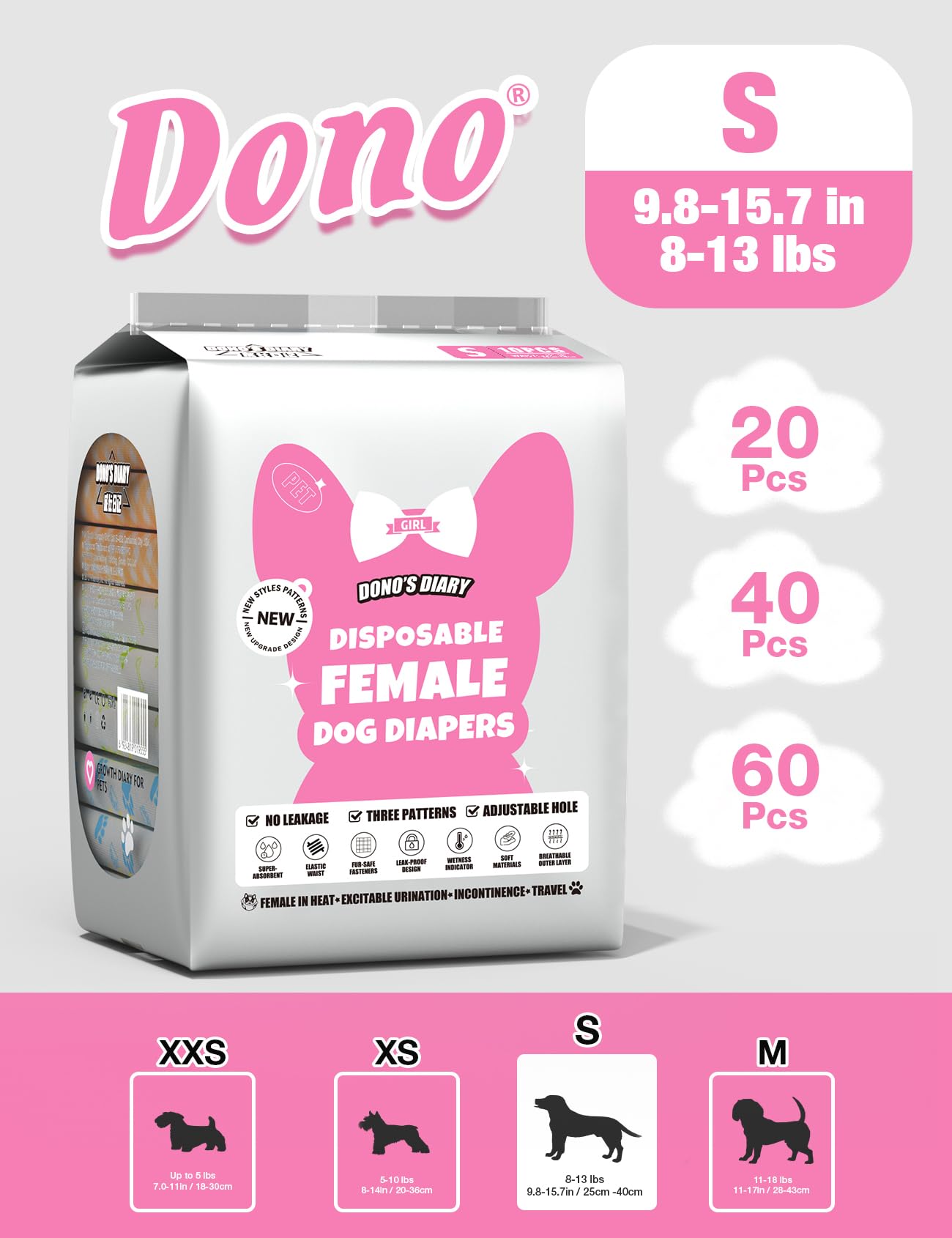 Dono dog diapers feature a 3D breathable surface and adjustable fasteners for secure wear.