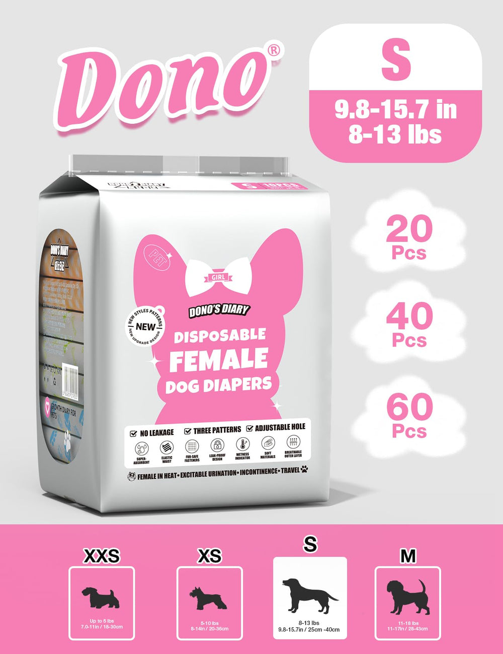 Dono dog diapers feature a 3D breathable surface and adjustable fasteners for secure wear.