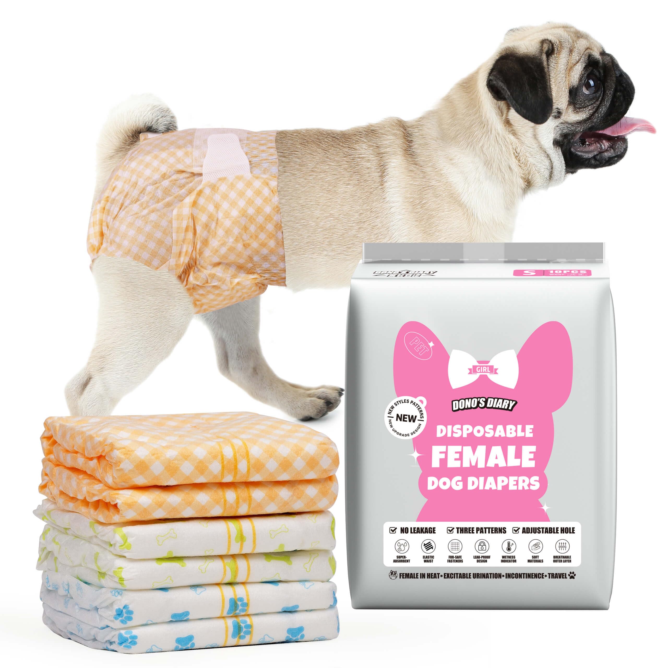 Dono female dog diapers pack 60 for small to medium dogs, secure and comfortable fit.