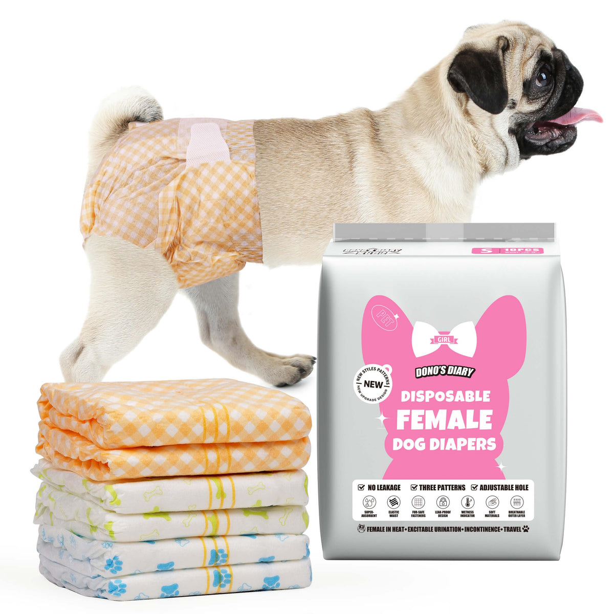 Dono female dog diapers pack 60 for small to medium dogs, secure and comfortable fit.