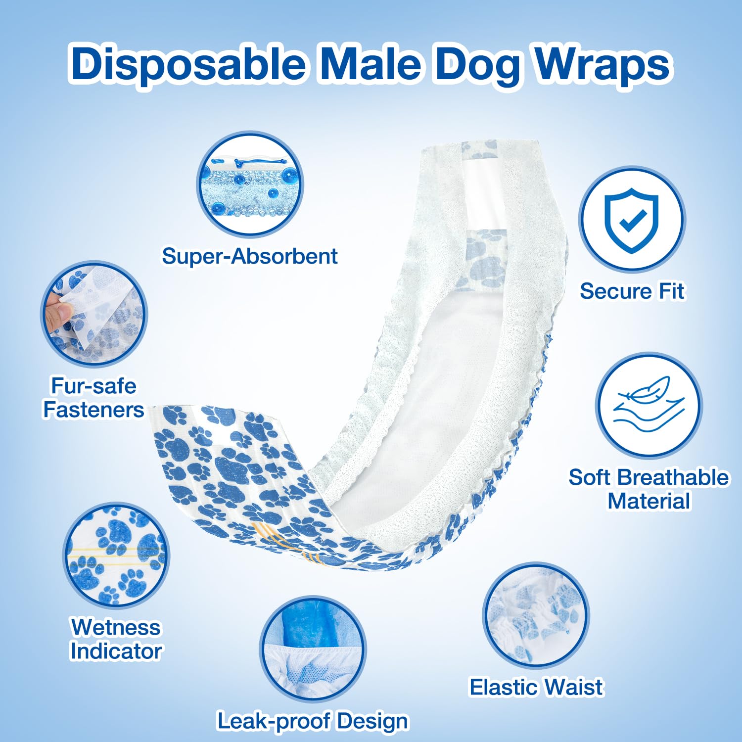 Dono male wraps with fur-safe fasteners enable quick, fur-friendly changes.