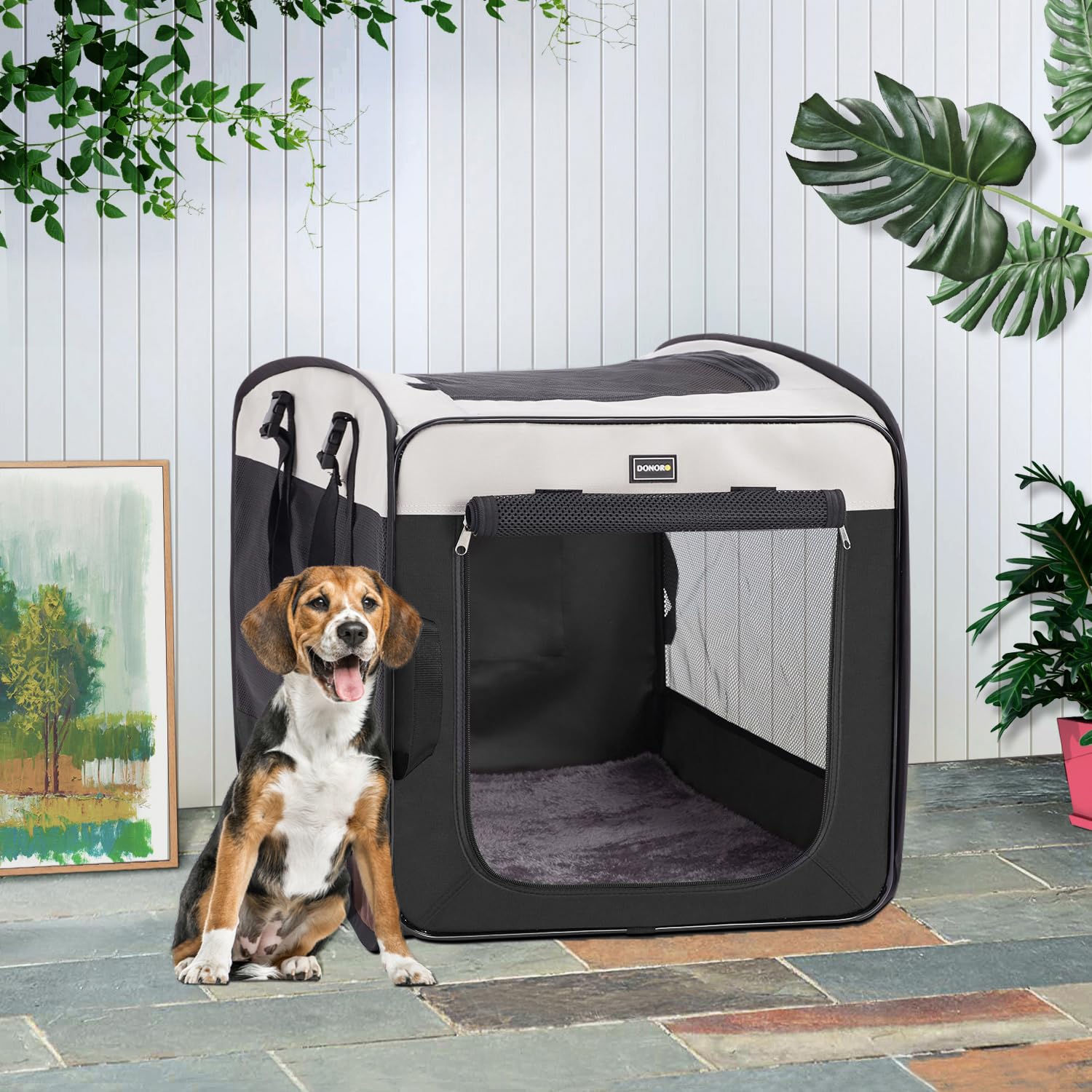 DONORO pop-up kennel folded flat for storage and portability