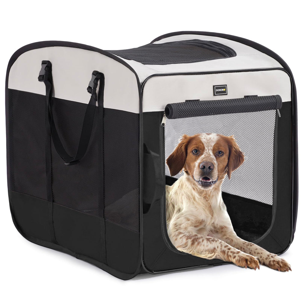DONORO dog kennel front view showing sturdy frame and breathable mesh