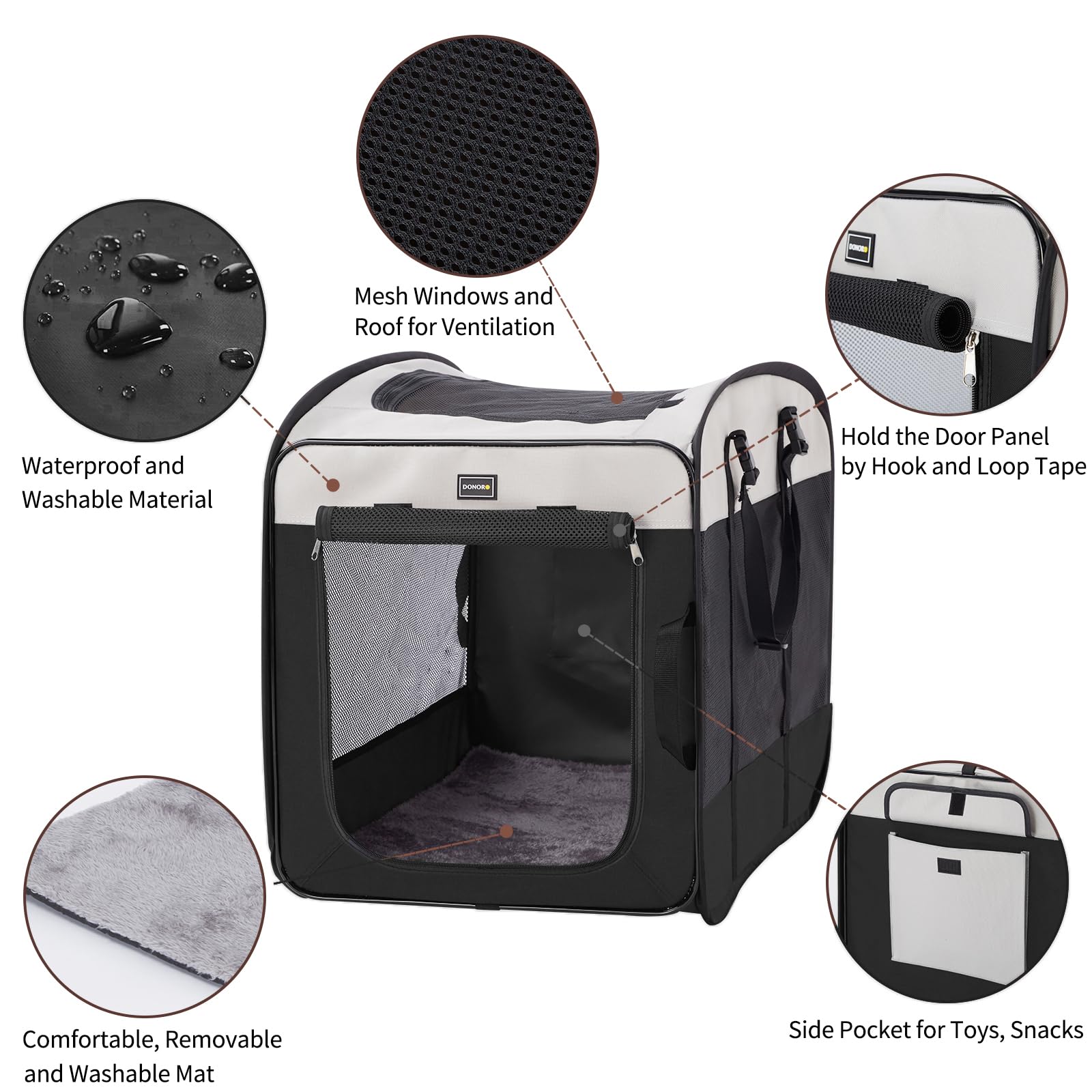 DONORO dog kennel side view highlighting ventilation and secure zippers