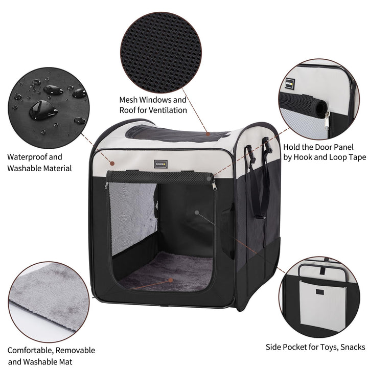 DONORO dog kennel side view highlighting ventilation and secure zippers