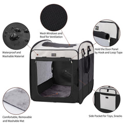 DONORO dog kennel side view highlighting ventilation and secure zippers