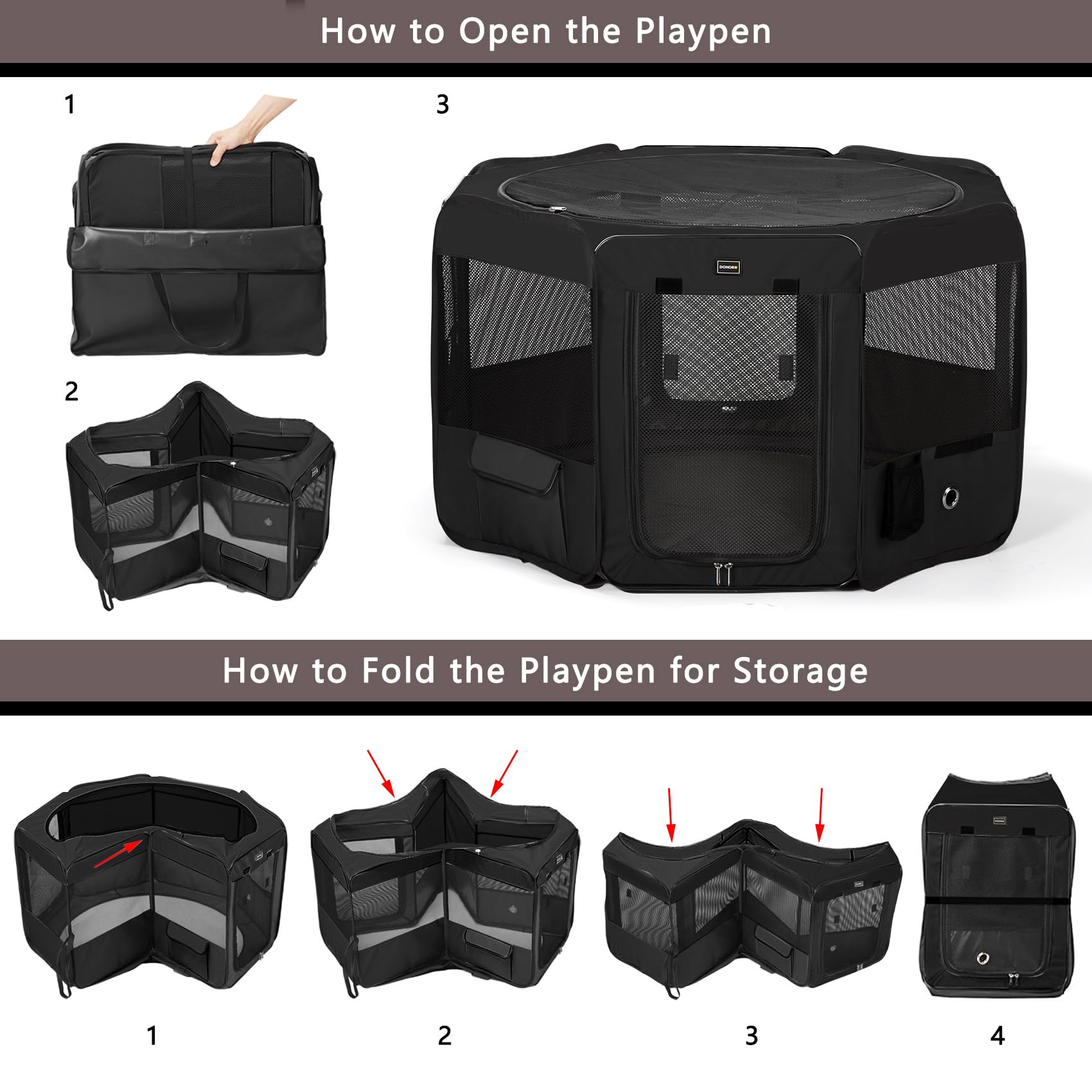 DONORO Dog Playpen with removable top and bottom for flexible use.