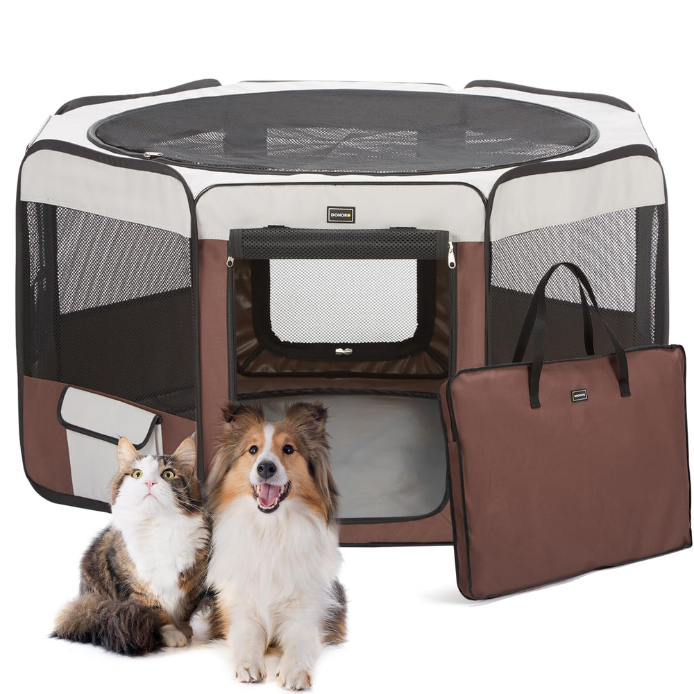 DONORO dog playpen setup outdoors for safe containment during play