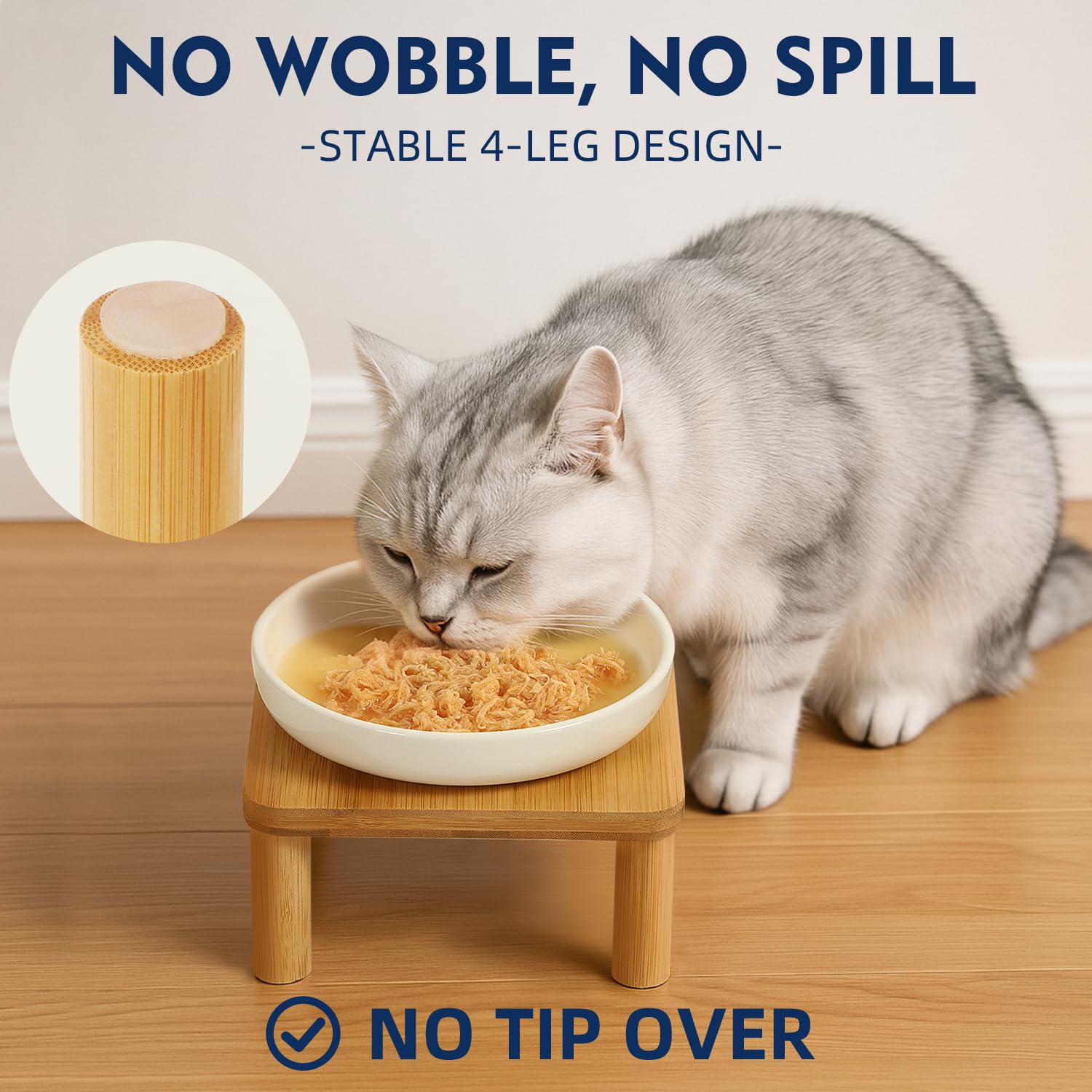 DoogCat bamboo stand with height-adjustable legs for growing cats.