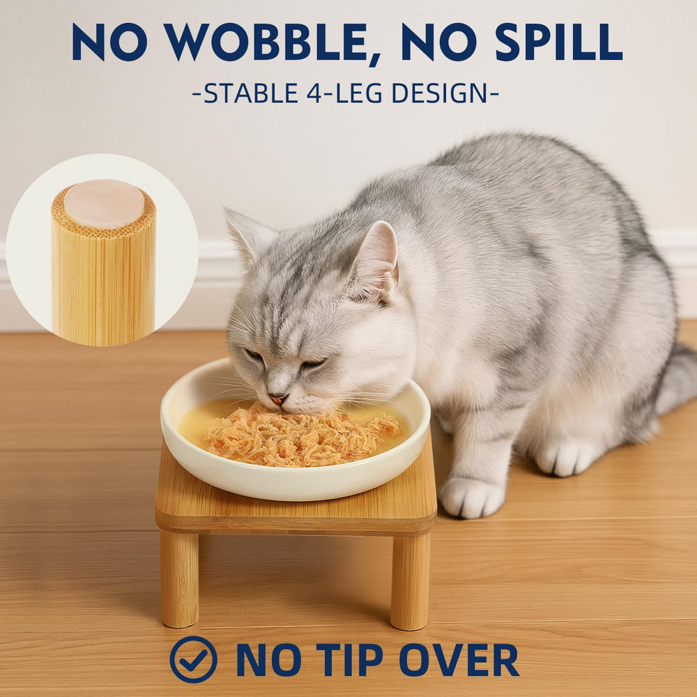 DoogCat bamboo stand with height-adjustable legs for growing cats.
