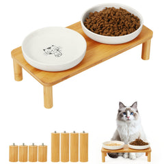 DoogCat elevated bamboo cat food table with a stable four-leg base for indoor feeding