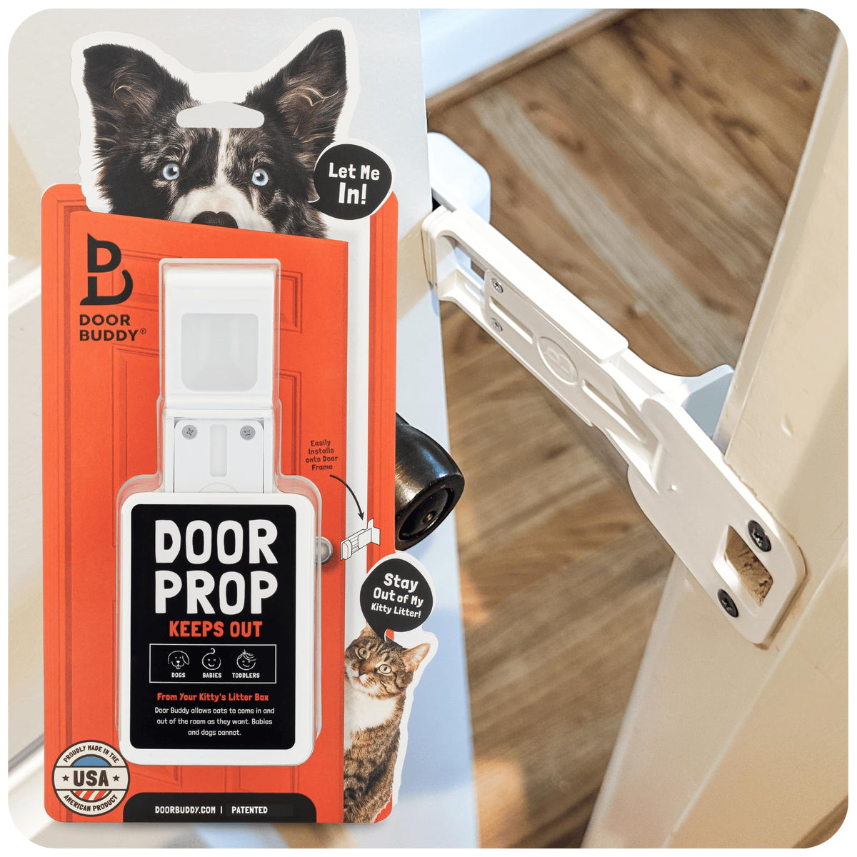 Door Buddy cat door prop on door keeps dogs out while cats stay freely accessible.