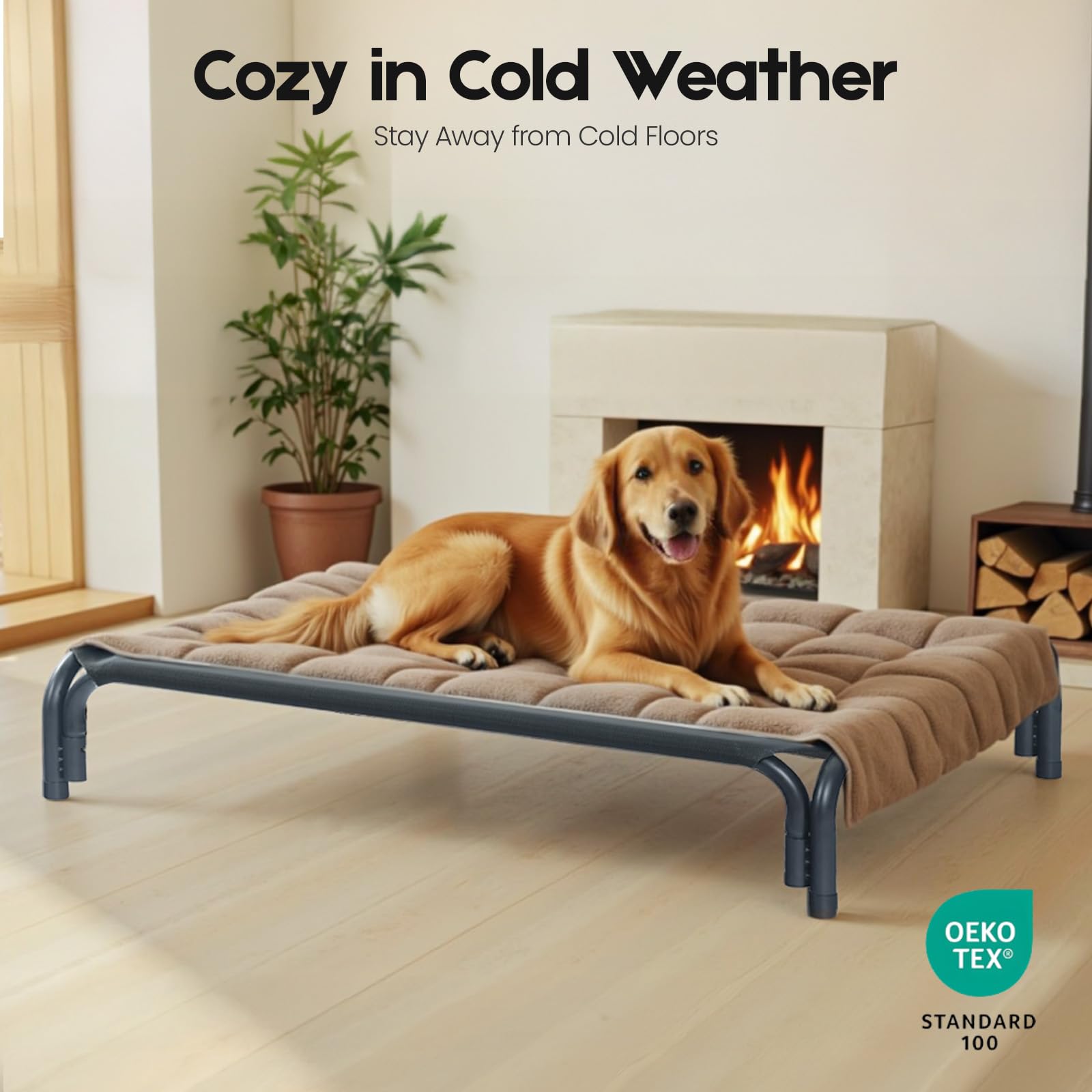 DOPEDIO Elevated Dog Bed indoor outdoor use shows versatile placement for pets.