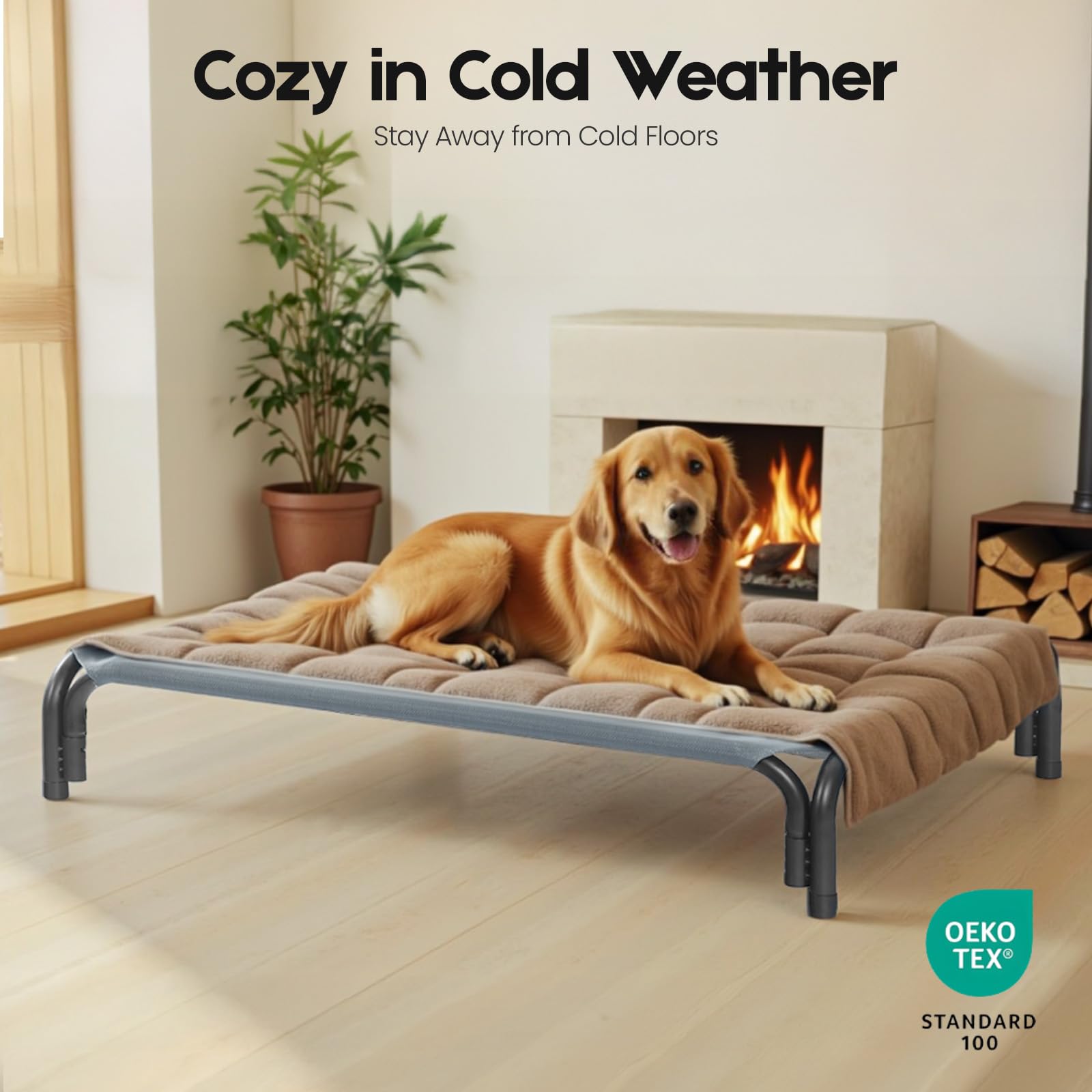 DOPEDIO grey elevated bed blends with home decor.