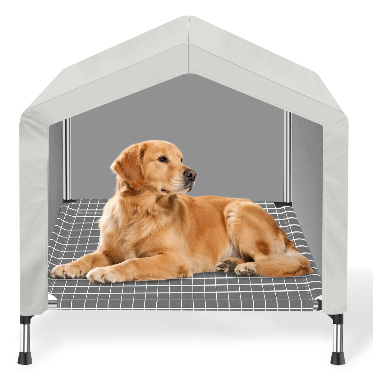 Dopliv elevated dog house platform supporting joints with a cozy enclosed space