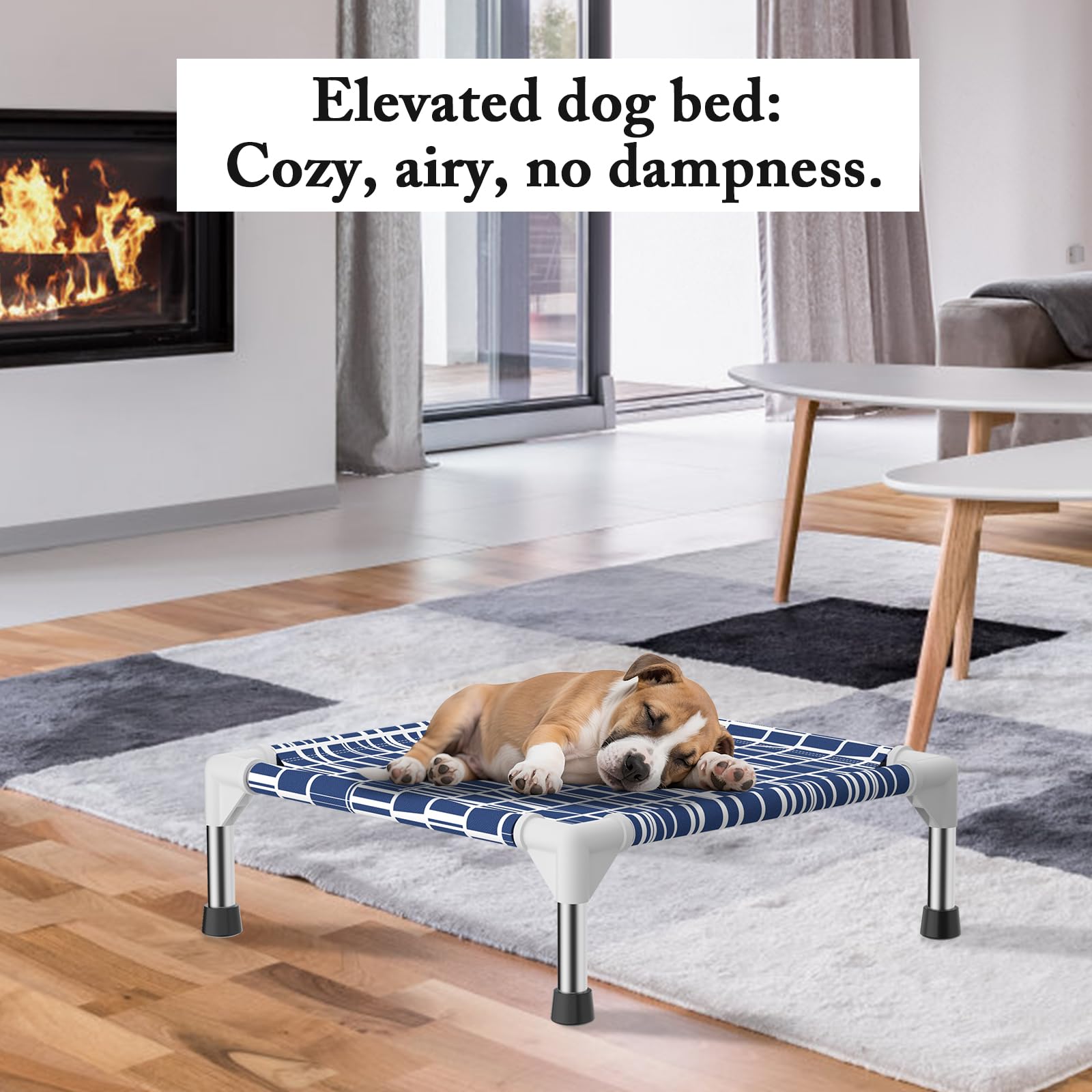 Dopliv elevated dog bed with stainless steel frame provides sturdy support.