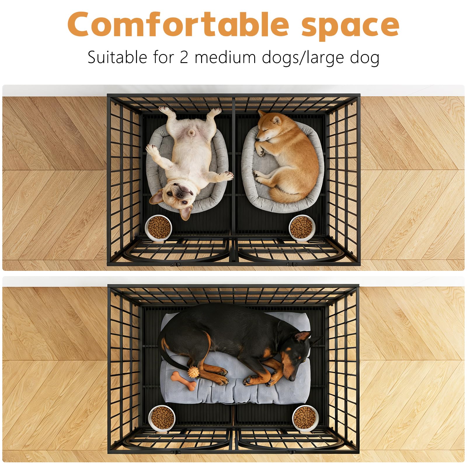 Dosker divider setup inside crate providing two separate spaces for pets.