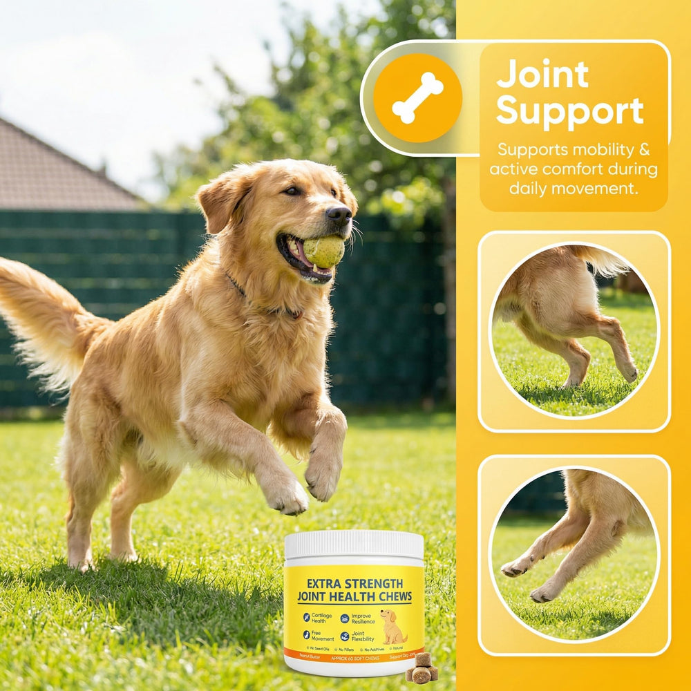 Dotkara chews with MSM and collagen peptides highlighted, supporting overall comfort.