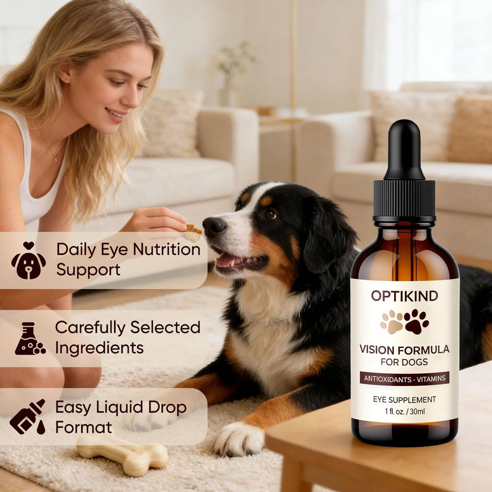 Dotkara Optikind Vision Drops ingredients panel highlights antioxidants and omega-3 support.