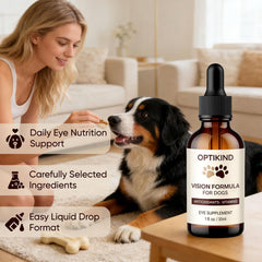 Dotkara Optikind Vision Drops ingredients panel highlights antioxidants and omega-3 support.