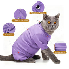 Dotoner cat recovery suit demonstrates secure back-snap fit and easy fastening