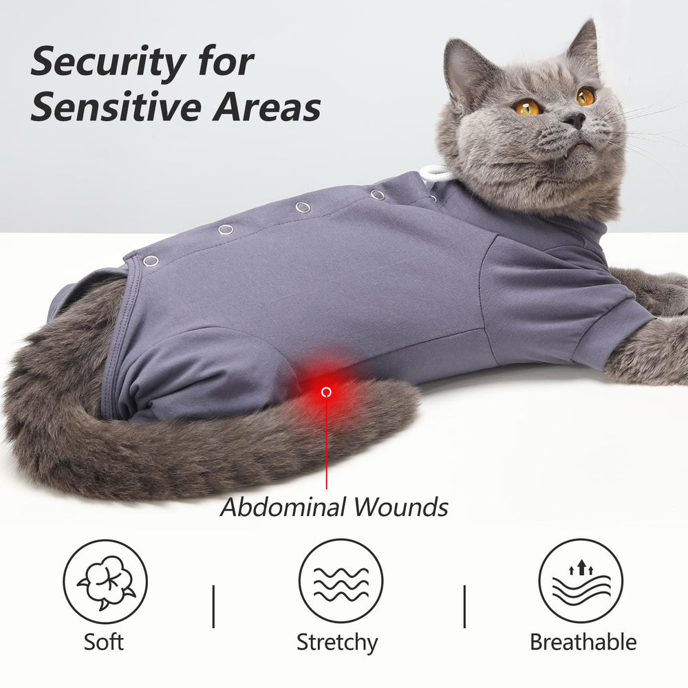 Dotoner recovery suit is ideal for female cats after abdominal surgery.