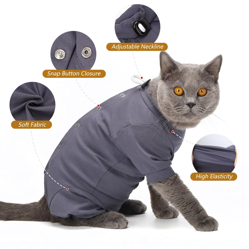 Close-up of neck adjustment on the Dotoner cat recovery suit for a snug fit.