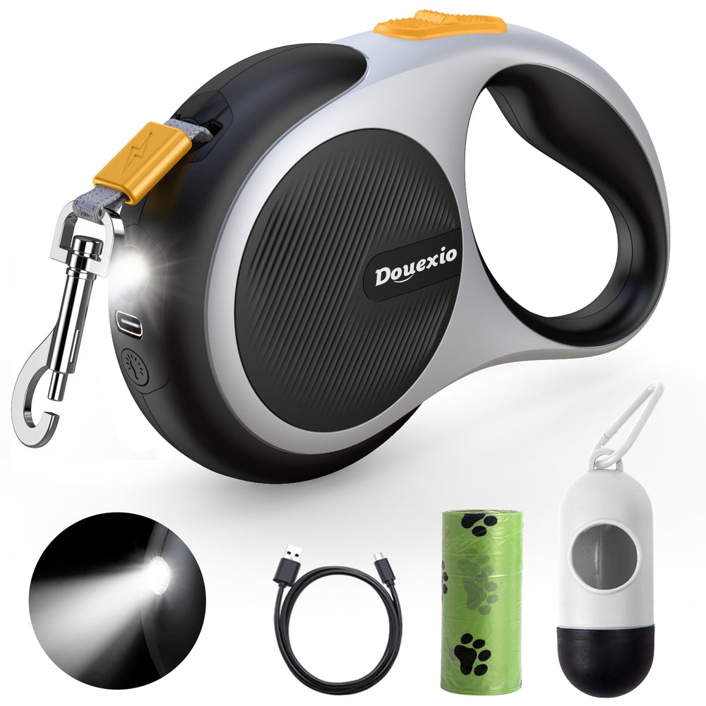 Douexio retractable leash 16ft with nylon tape for smooth retraction.