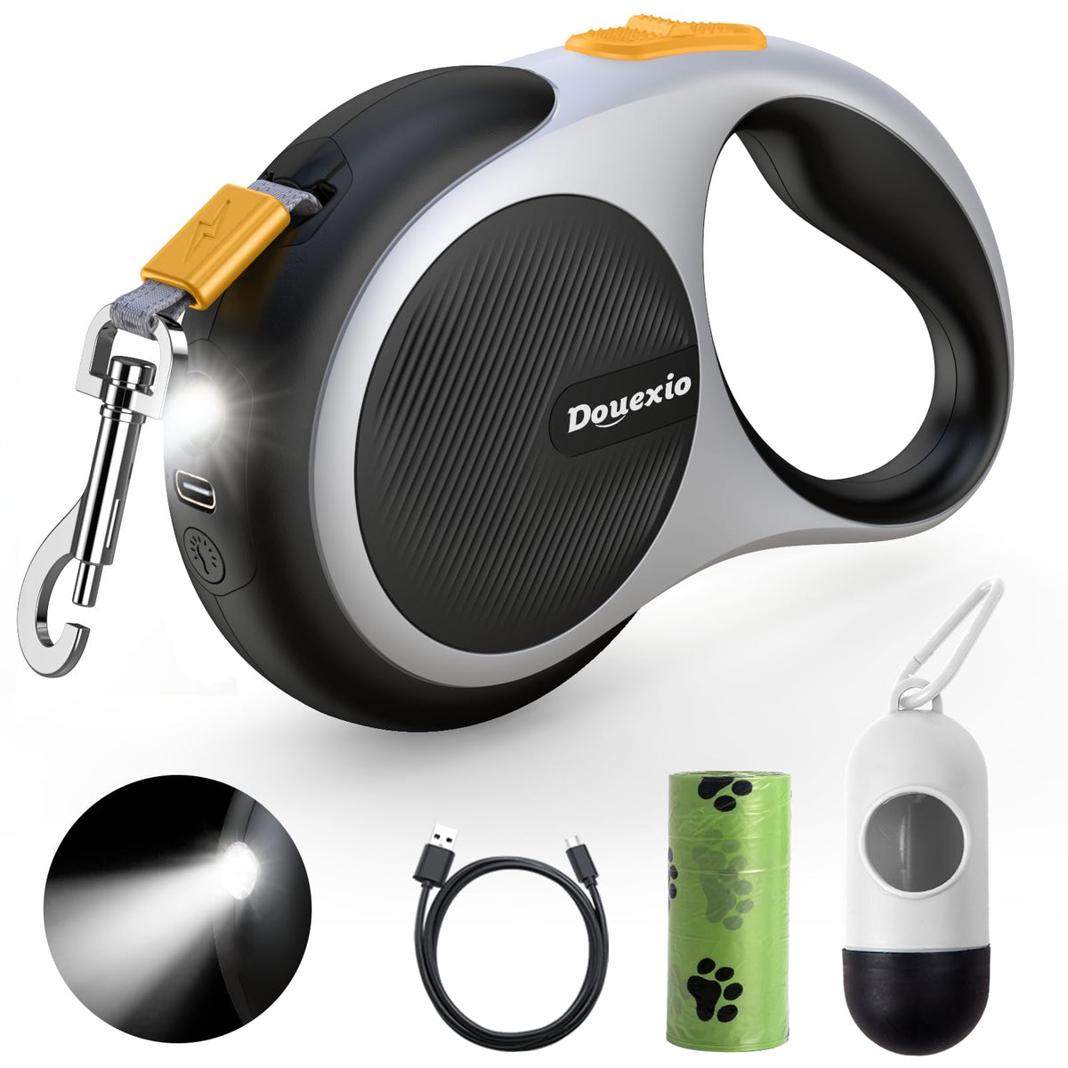 Douexio retractable leash 16ft with nylon tape for smooth retraction.