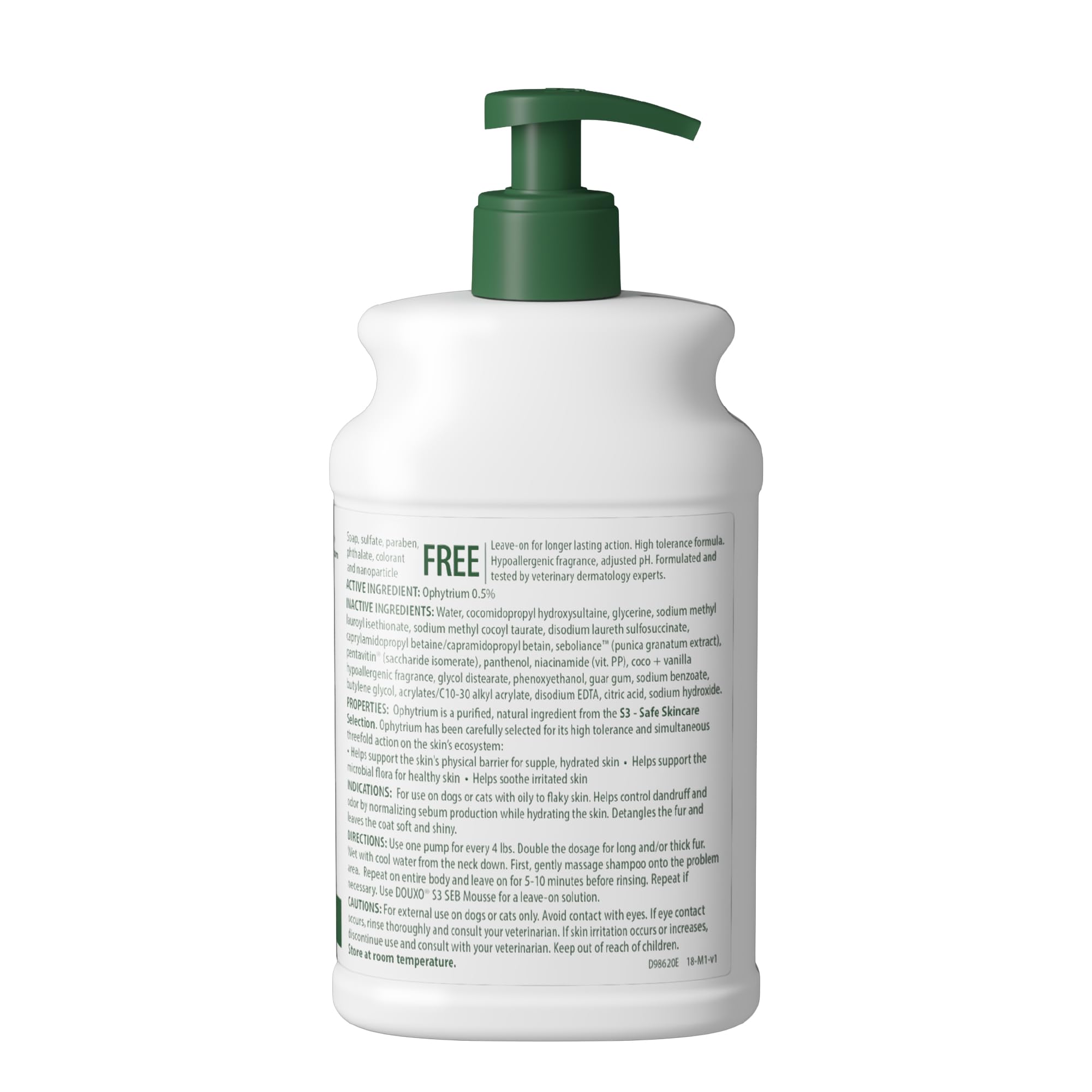 Douxo S3 Seb Shampoo bottle on display for grooming and odor control