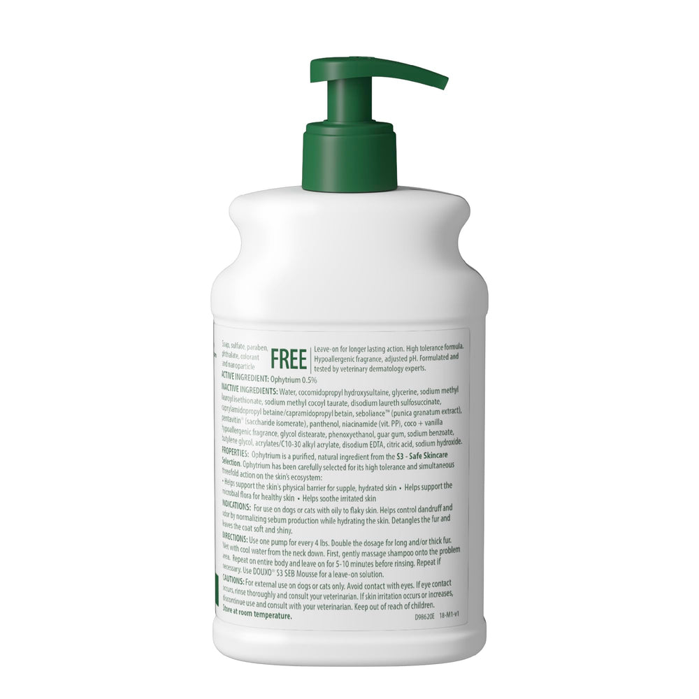 Douxo S3 Seb Shampoo bottle on display for grooming and odor control