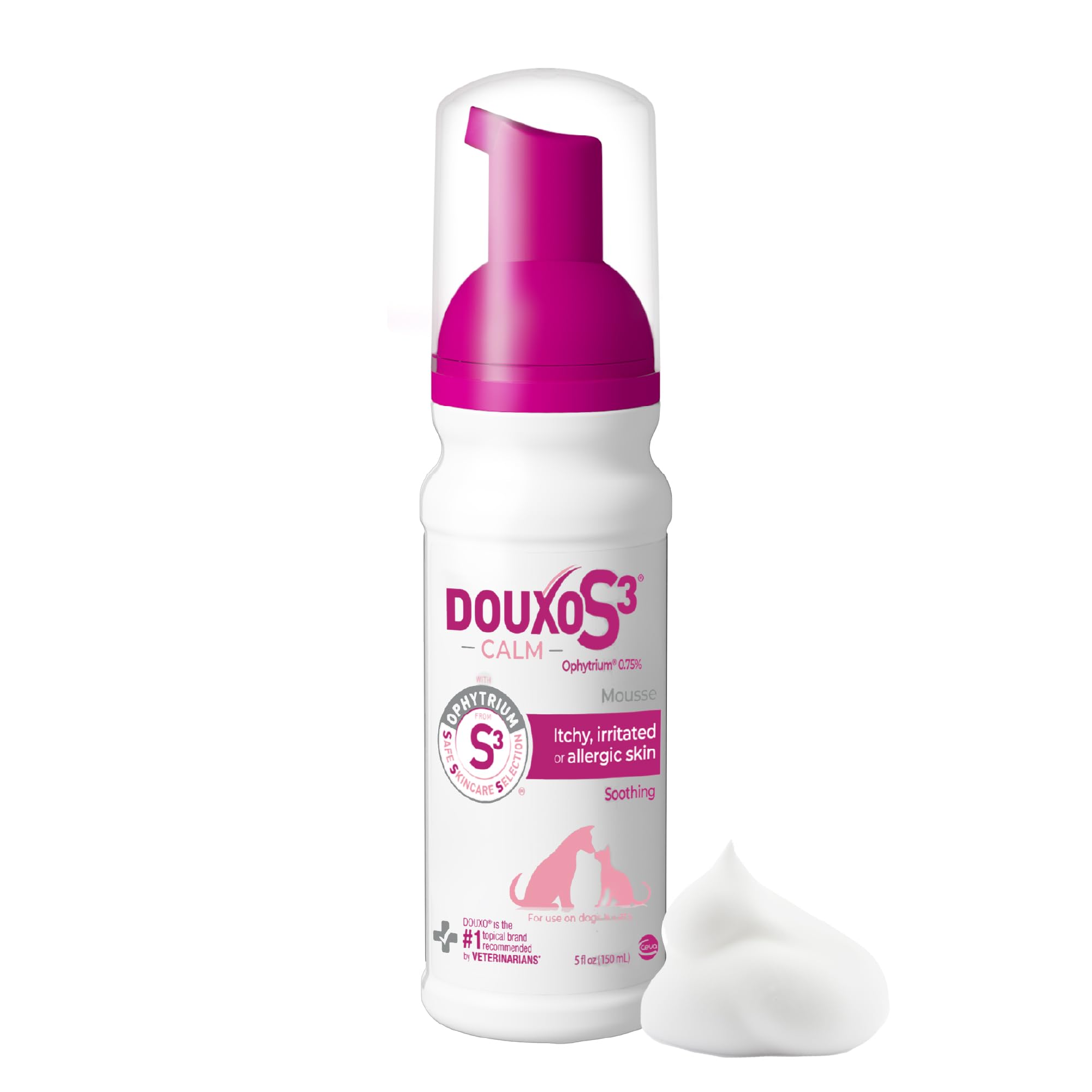 Douxo S3 Calm Mousse bottle closeup, soothing skin support for dogs and cats.