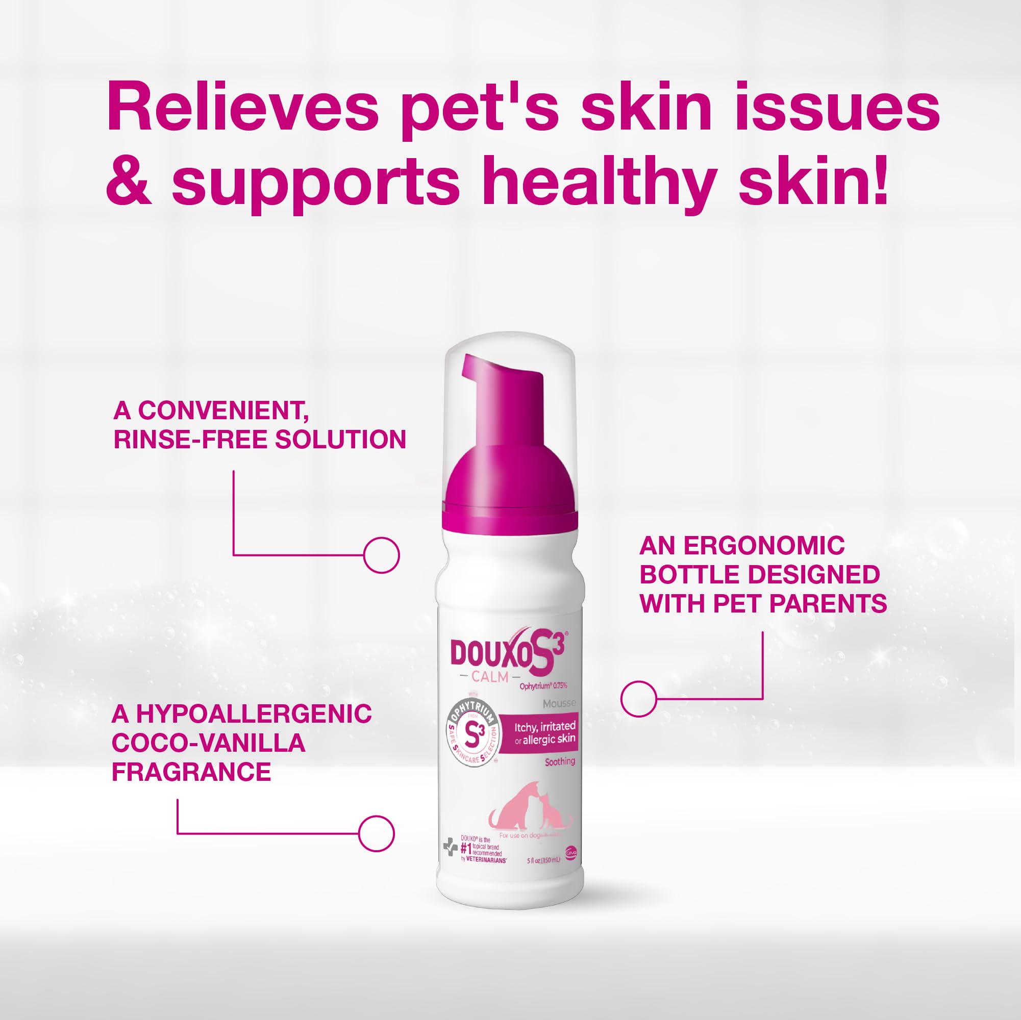 Douxo S3 Calm Mousse bottle highlights gentle care for irritated skin.