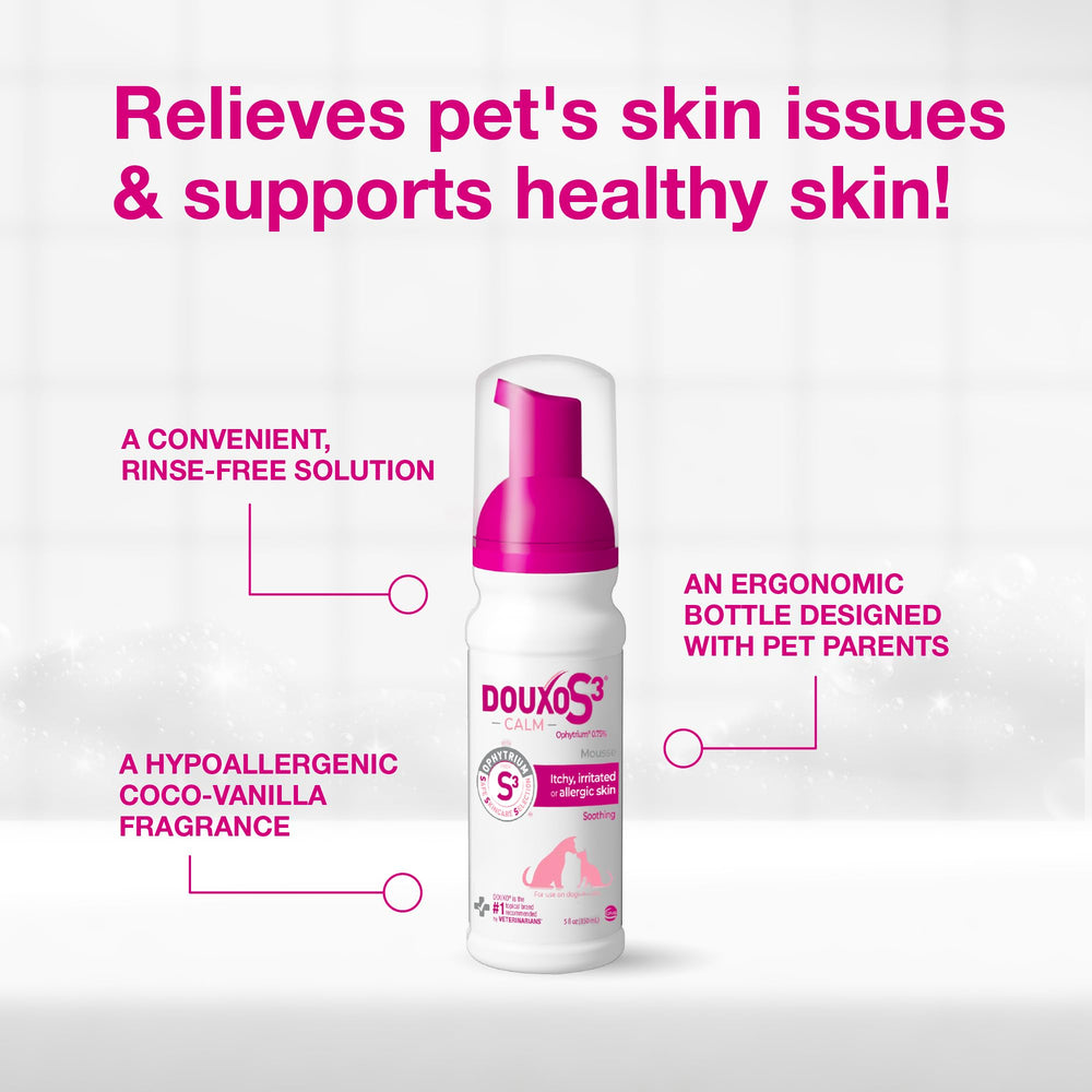 Douxo S3 Calm Mousse bottle highlights gentle care for irritated skin.