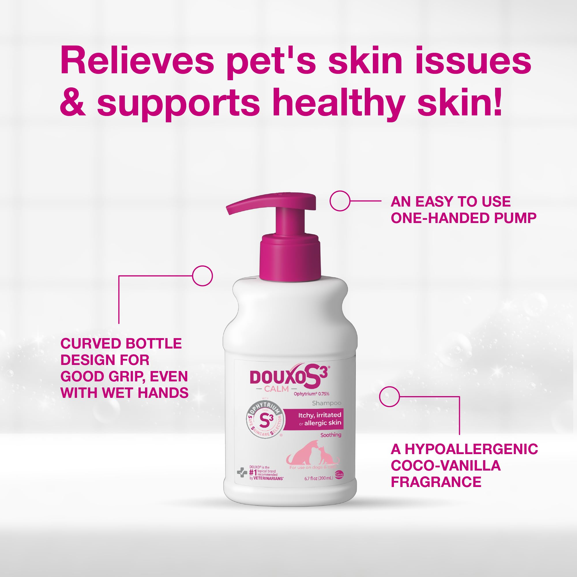 Douxo S3 Calm Shampoo after-bath care for dogs and cats with silky coats.
