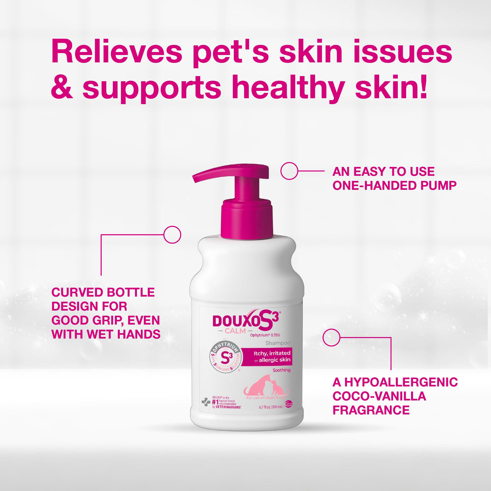 Douxo S3 Calm Shampoo after-bath care for dogs and cats with silky coats.