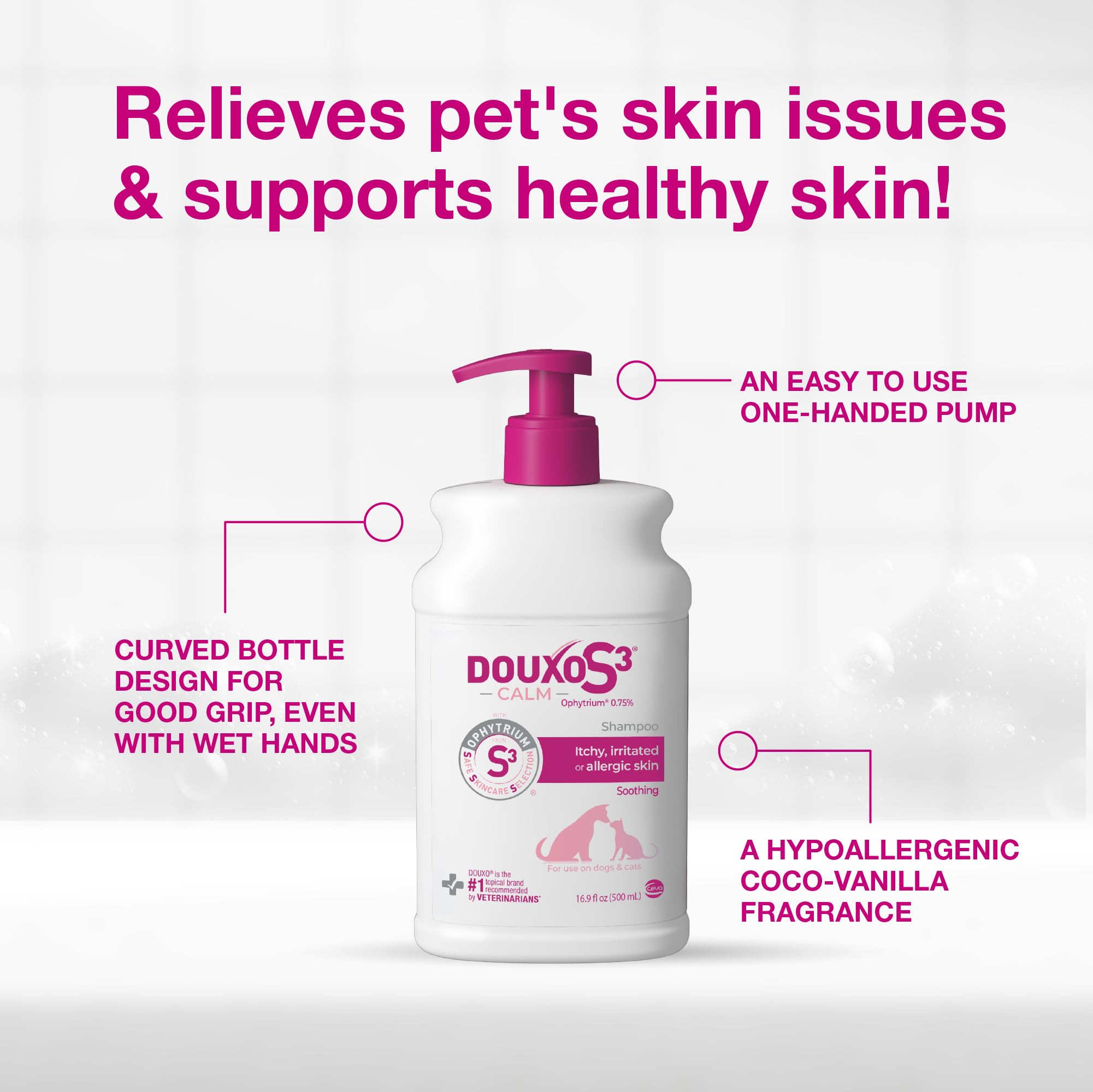 Douxo S3 Calm Shampoo for cats helps comfort itchy skin.