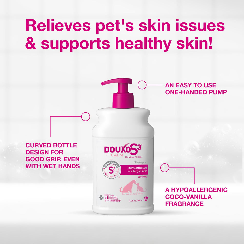 Douxo S3 Calm Shampoo for cats helps comfort itchy skin.