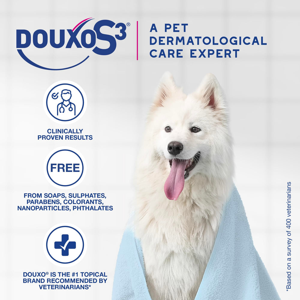 Douxo S3 Calm Shampoo detangles fur while soothing skin during wash.