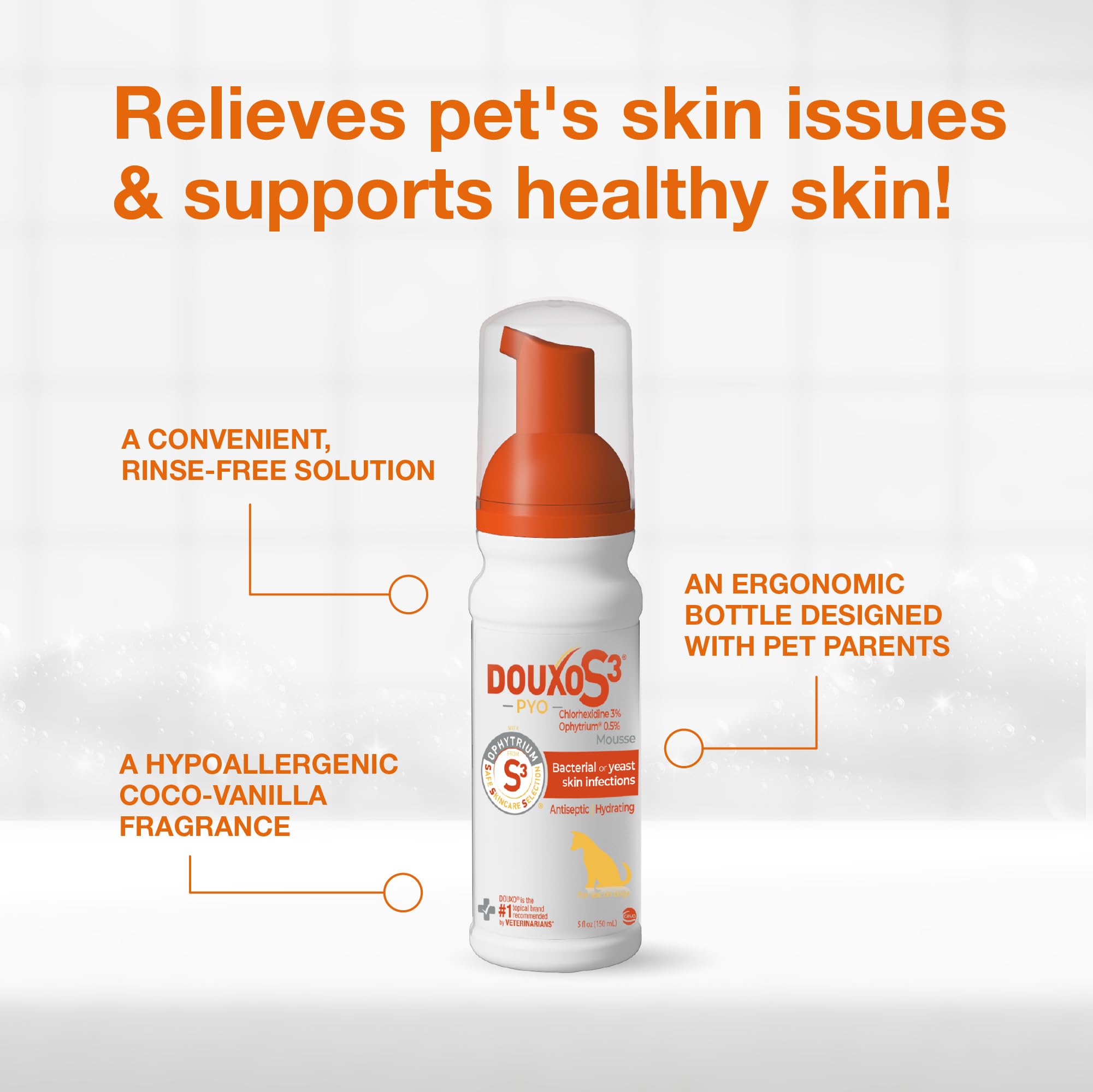 Douxo S3 Pyo Mousse coats dog fur for a soft, shiny finish.