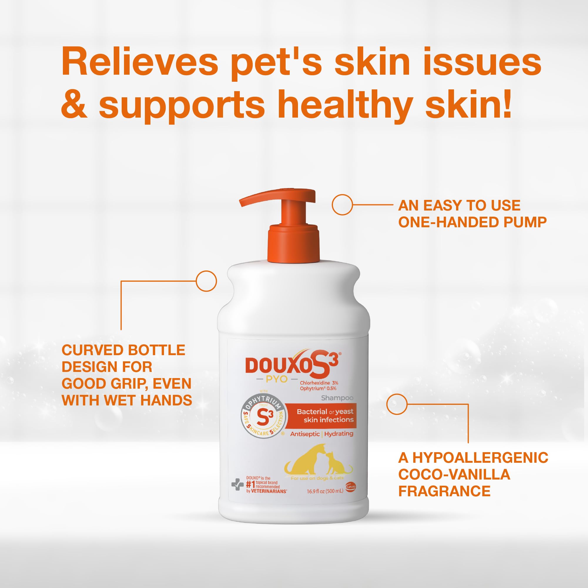 Douxo S3 Pyo Shampoo applied on a cat to soothe skin