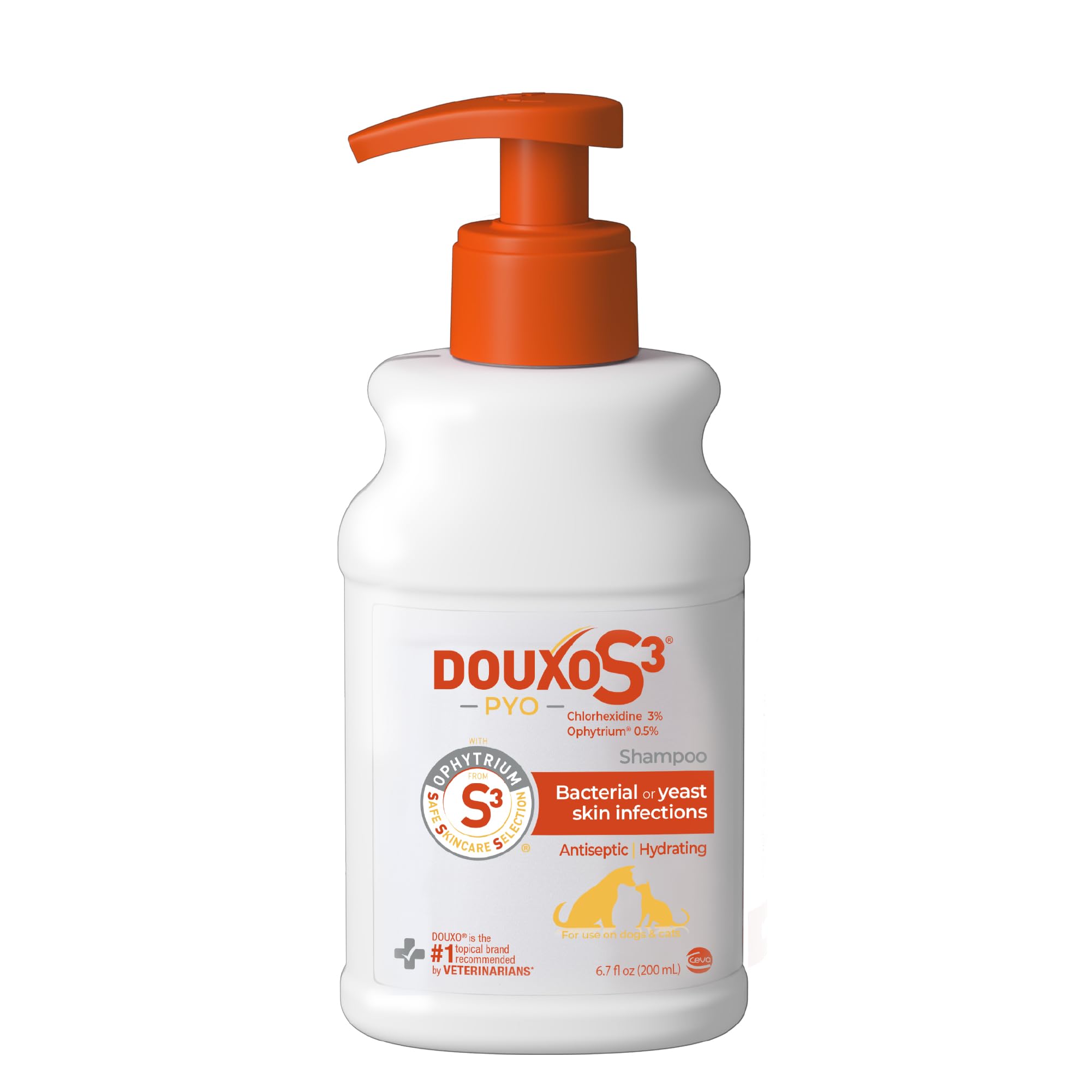 Douxo S3 Pyo Shampoo bottle front, antiseptic and hydrating care for pets