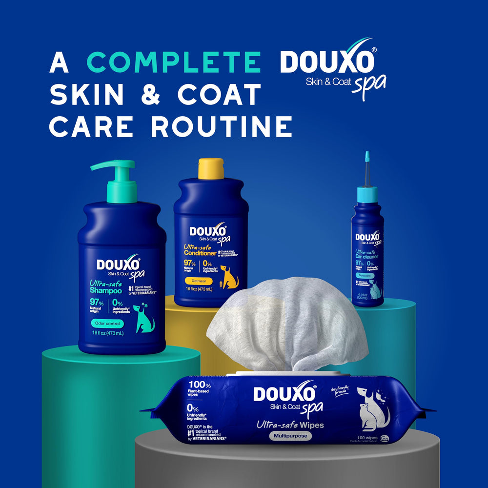 Graphic highlights natural-origin ingredients in Douxo Skin & Coat SPA.