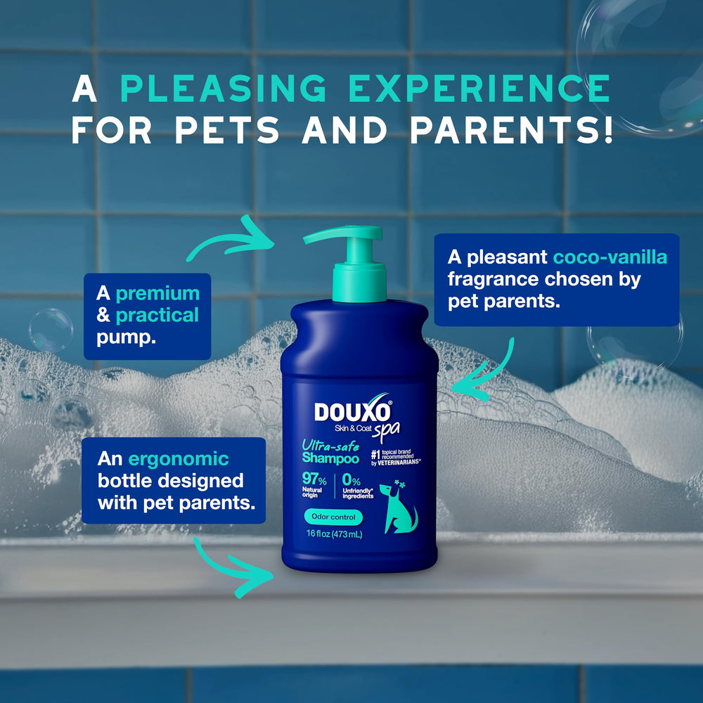 Vet-recommendation badge on Douxo Skin & Coat SPA packaging.
