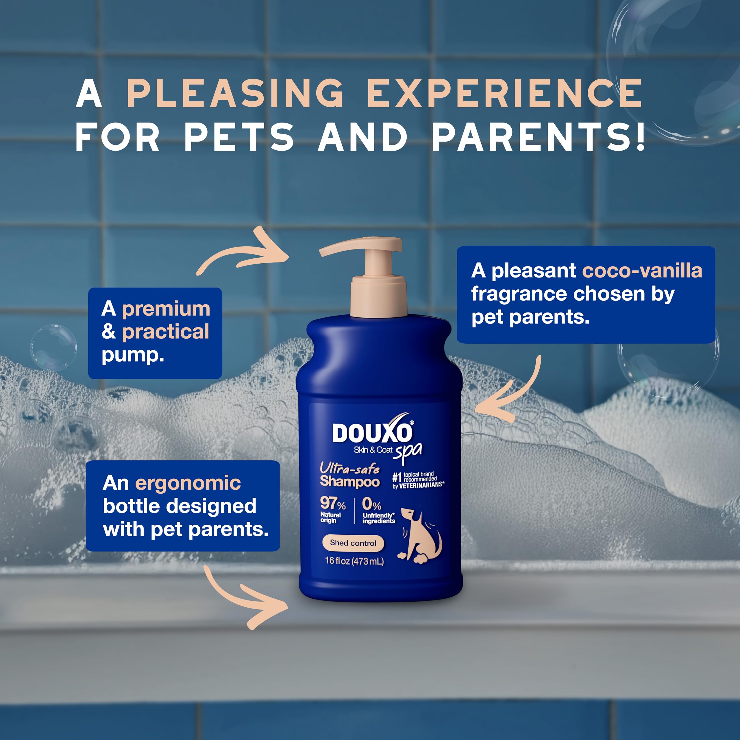 After-wash coat looks softer and strengthened with DOUXO shampoo.