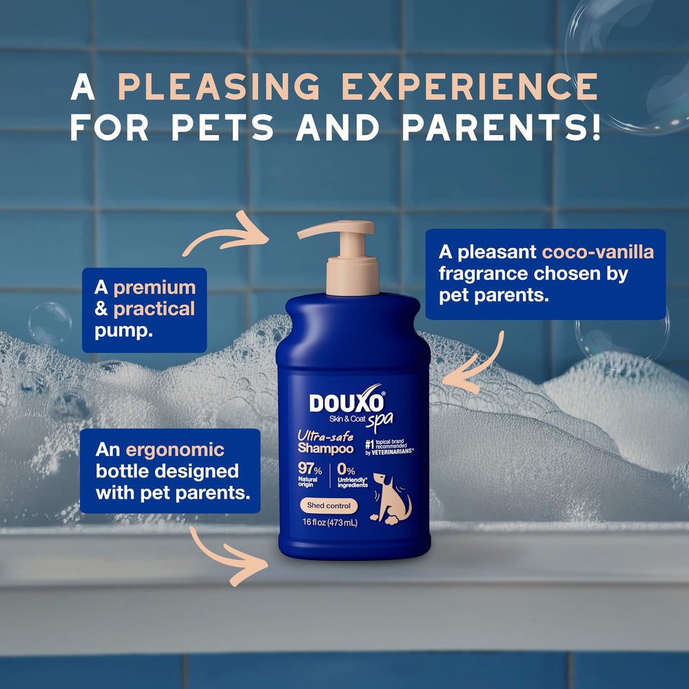 After-wash coat looks softer and strengthened with DOUXO shampoo.