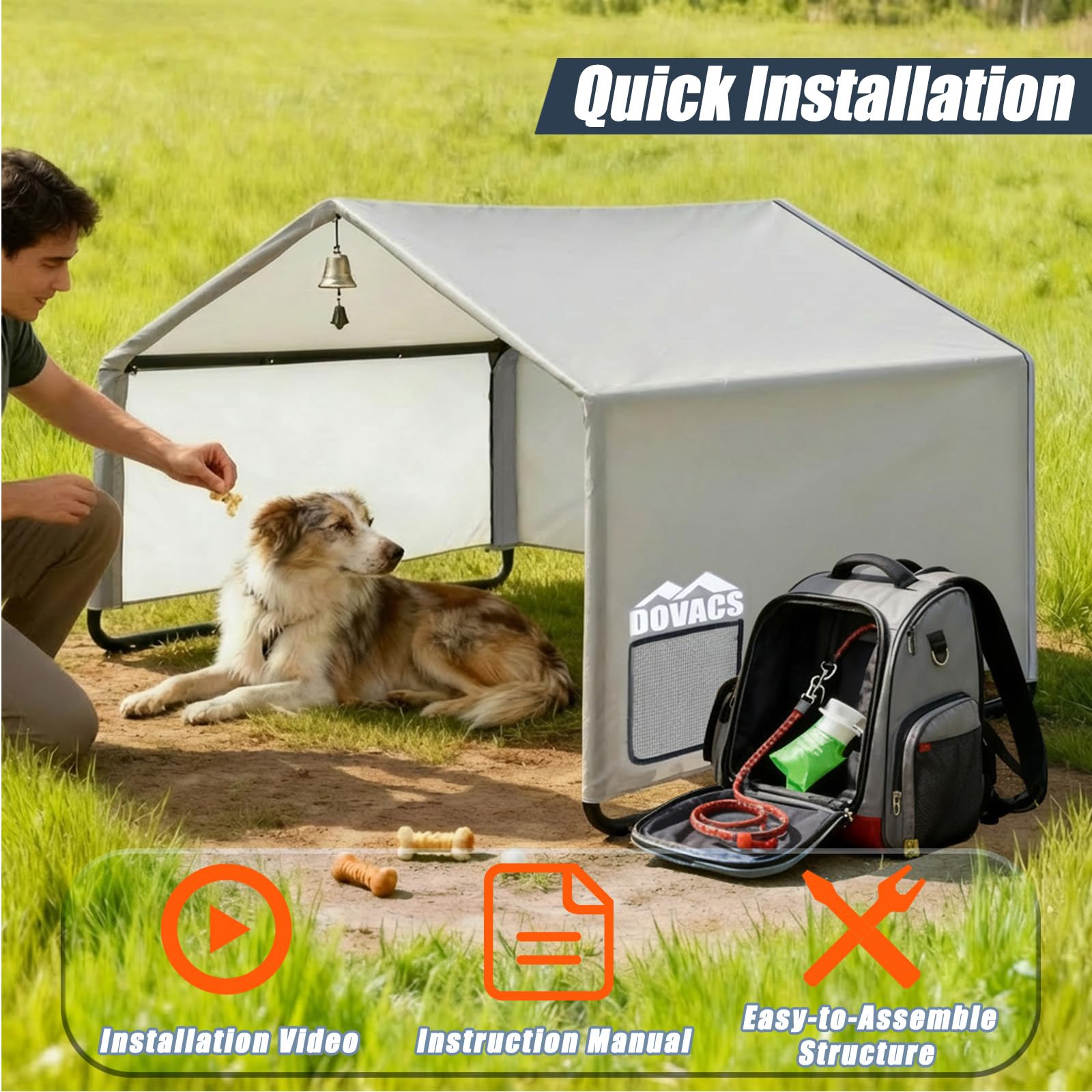 DOVACS easy-setup canopy demonstrates quick assembly and secure anchoring for pet owners.